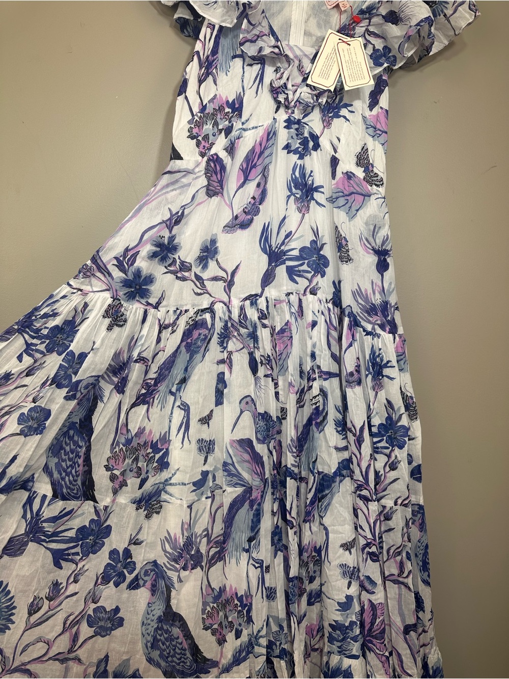 Banjanan White Maxi Dress with Blue Floral Print 100% Cotton Gladys - Picture 6 of 14